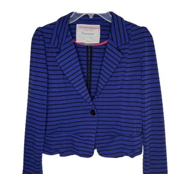 Anthropologie Cartonnier Royal Blue/Black Striped Ponte Ruffle Blazer - S - Picture 2 of 12